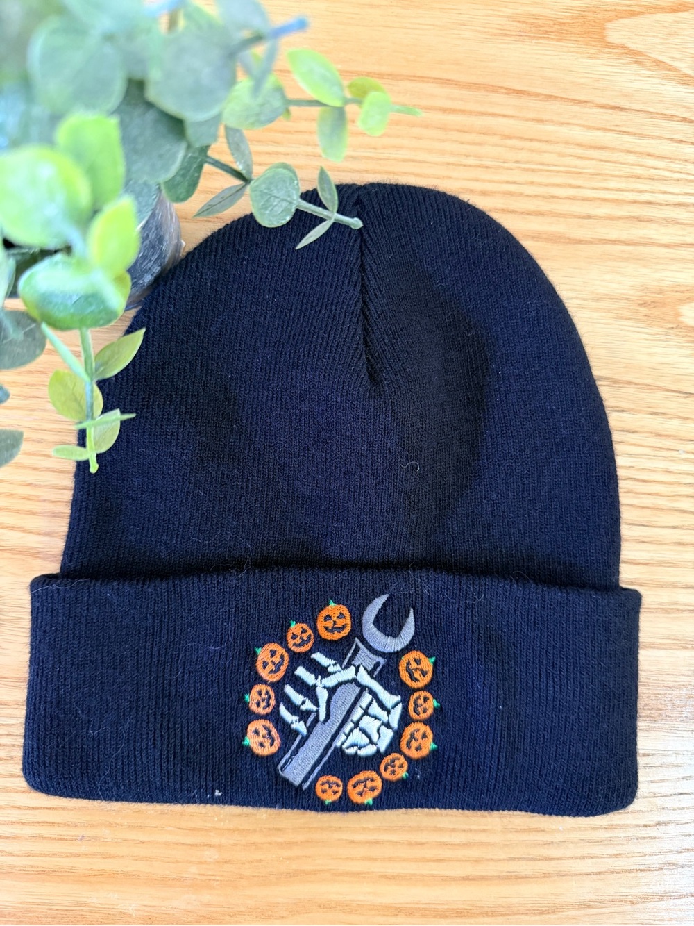 🌿10/$25 • Black Knit Beanie with Halloween Wreath Embroidery